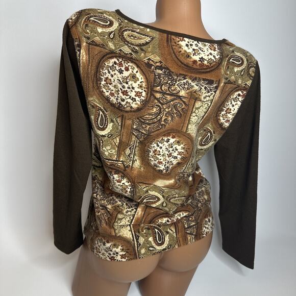 Vintage Y2K Brown Baroque Paisley Top M Indie Retro Long Sleeve Stretchy Boho - Picture 2 of 8